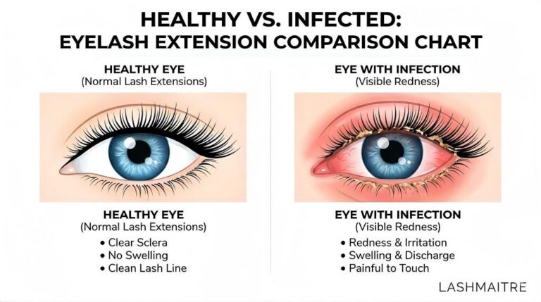 A medical comparison chart by LASHMAITRE illustrating the difference between a healthy eye and one suffering from an eyelash extensions infection, highlighting visible symptoms like redness, swelling at the lash line, and discharge.