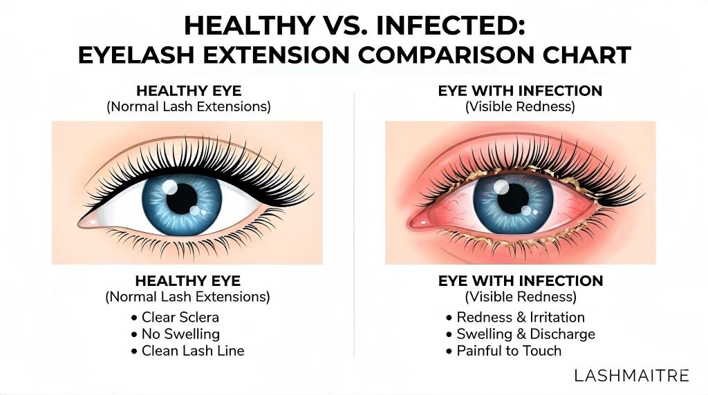 A medical comparison chart by LASHMAITRE illustrating the difference between a healthy eye and one suffering from an eyelash extensions infection, highlighting visible symptoms like redness, swelling at the lash line, and discharge.