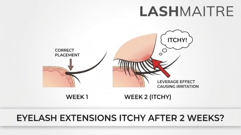 A LASHMAITRE diagram illustrating why eyelash extensions are itchy after 2 weeks. It shows natural lash growth moving the extension base away from the eyelid, creating a "leverage effect" that irritates the skin, compared to correct placement in Week 1.