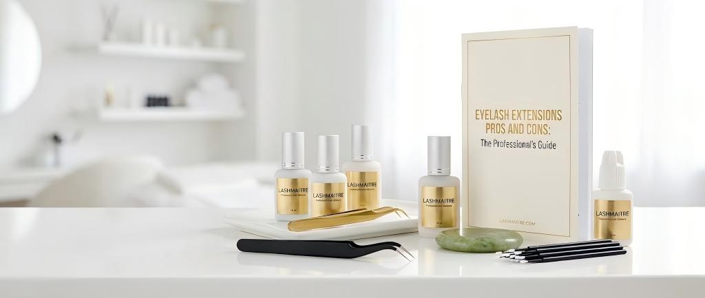Close-up commercial display of LASHMAITRE professional adhesive and tools alongside a printed guide detailing eyelash extensions pros and cons for salon clients.