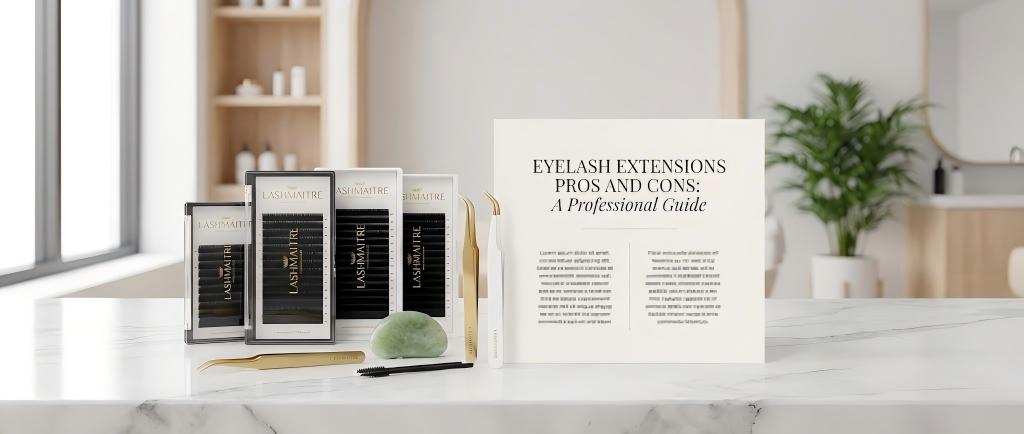 A professional LASHMAITRE salon station featuring premium lash trays, tools, and a printed guide detailing eyelash extensions pros and cons for informed client decisions.