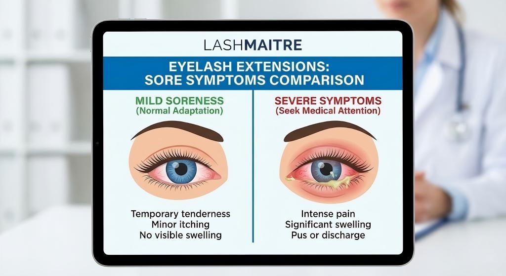 LASHMAITRE medical infographic comparing eyelash extensions sore symptoms: mild irritation versus severe infection requiring medical attention.