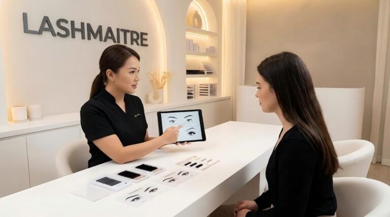 A professional lash artist at LASHMAITRE using an eyelash extensions style chart and mapping tools to explain the best lash looks for every eye shape during a private client consultation.