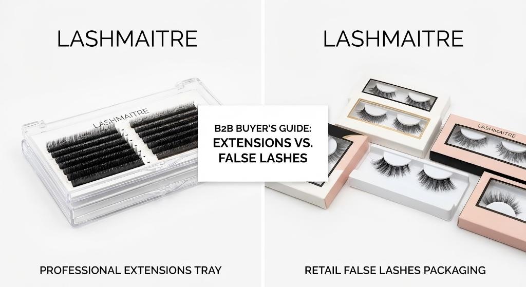 A professional side-by-side comparison photograph for B2B buyers, illustrating eyelash extensions vs false eyelashes. The left shows a LASHMAITRE professional extension tray, and the right shows packaged retail strip false lashes.