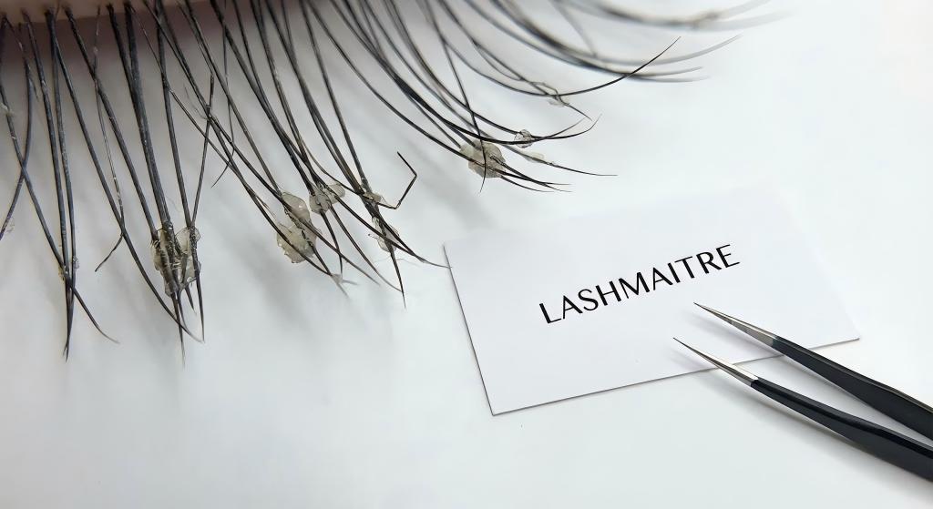 Macro photo showing 'stickies' clumping together, causing eyelashes damaged after extensions, with LASHMAITRE branding.