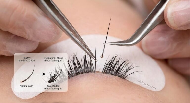 An educational macro photograph with a diagram explaining why eyelashes fall out with extensions, contrasting a "Healthy Shedding Cycle" with "Premature Fallout" caused by "Poor Technique" and "Overloaded" lashes, as demonstrated by LASHMAITRE.