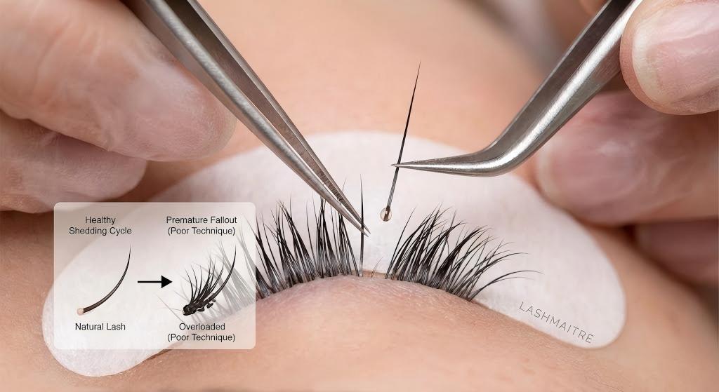 An educational macro photograph with a diagram explaining why eyelashes fall out with extensions, contrasting a "Healthy Shedding Cycle" with "Premature Fallout" caused by "Poor Technique" and "Overloaded" lashes, as demonstrated by LASHMAITRE.