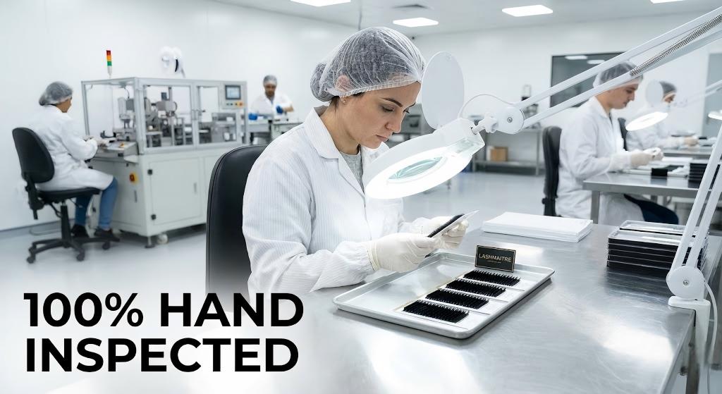 Quality control technician inspecting LASHMAITRE trays under a magnifying lamp, ensuring manufacturing standards that rival babe eyelash extensions.