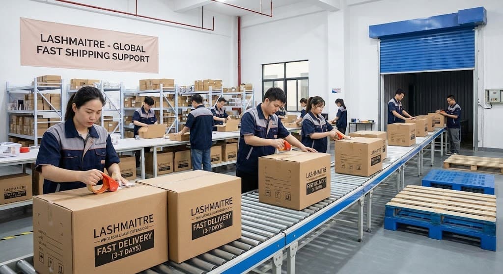 Warehouse staff preparing sealed cartons on a packing table with shipping labels ready for dispatch