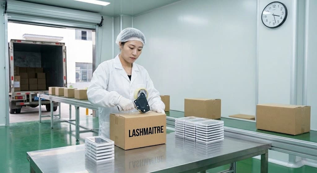 Warehouse staff picking lash extension products from labeled shelves