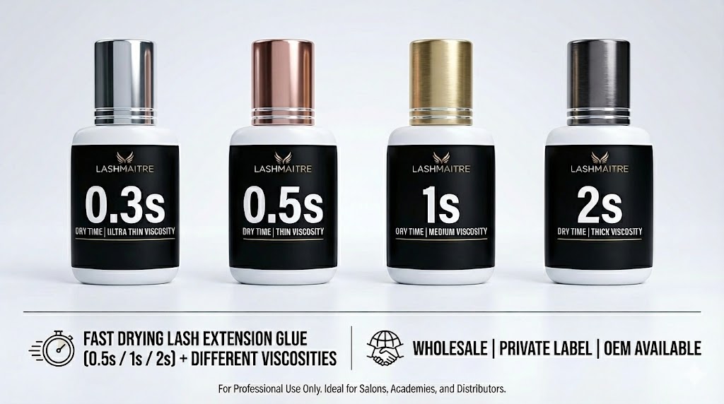 Fast drying lash extension glue 0.3s 0.5s 1s 2s with different viscosities, professional eyelash extension adhesive for wholesale and OEM