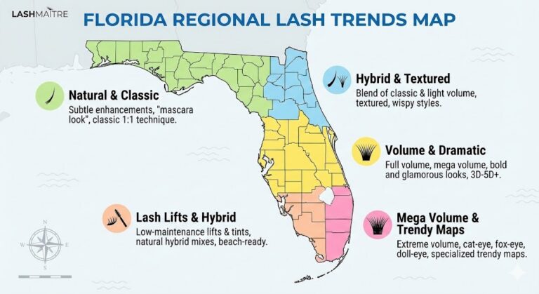 LASHMAITRE infographic map of Florida showing regional lash style trends, illustrating the diverse market demand that requires skills from both classic vs volume training.