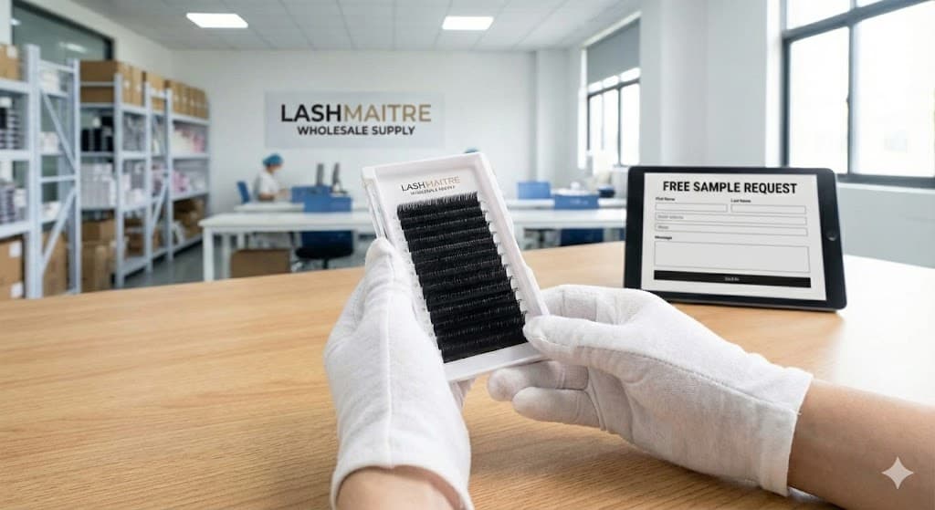 Hands holding sample lash extension trays while checking styles under bright light at a clean table