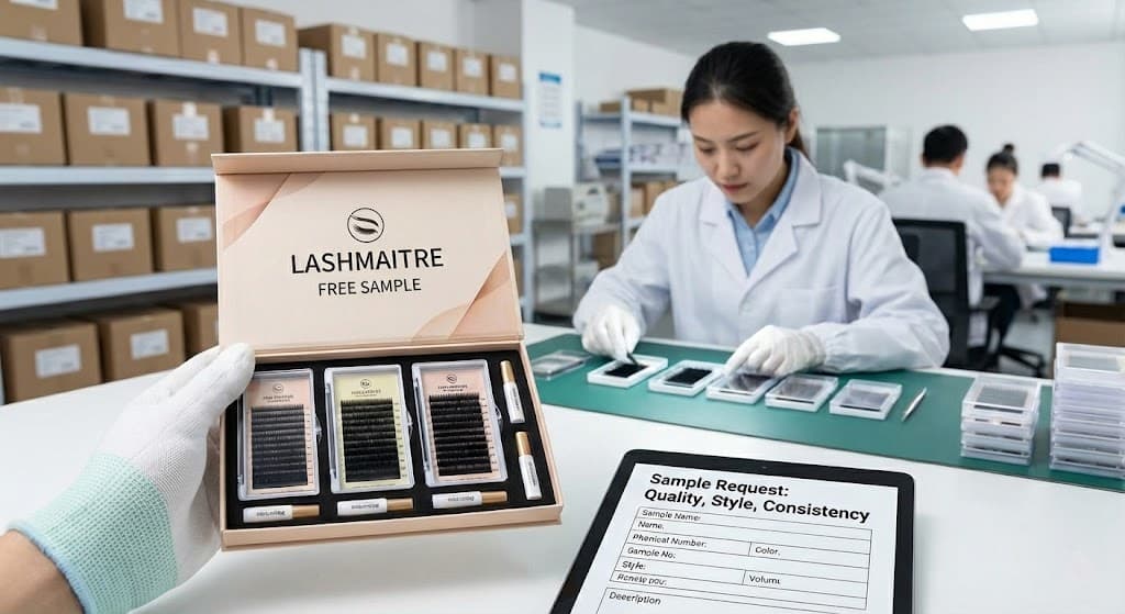 Lash extension sample trays and small product boxes arranged as a sample kit