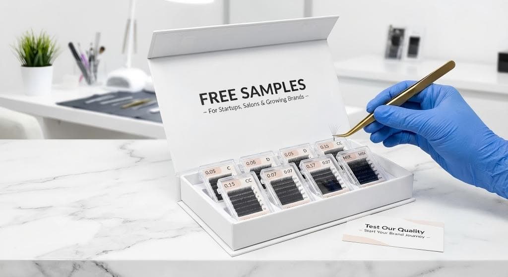 Lashmaitre free sample kit for cashmere lashes wholesale, including PBT soft matte eyelash extensions trays for salons and startup brands