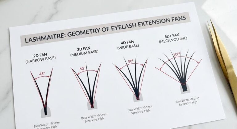 A LASHMAITRE technical infographic illustrating the geometry of eyelash extension fans, comparing wide vs narrow lash fans by showing specific angles ranging from a narrow 45° 2D fan to a wide 100° 5D+ mega volume fan.