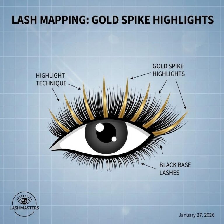 A professional lash mapping diagram illustrating the placement of gold eyelash extensions as "spikes" to create highlights within a black lash set.