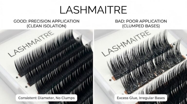 LASHMAITRE educational comparison visual highlighting good precision application with clean isolation (left) versus bad eyelash extensions showing clumped bases and excess glue (right).