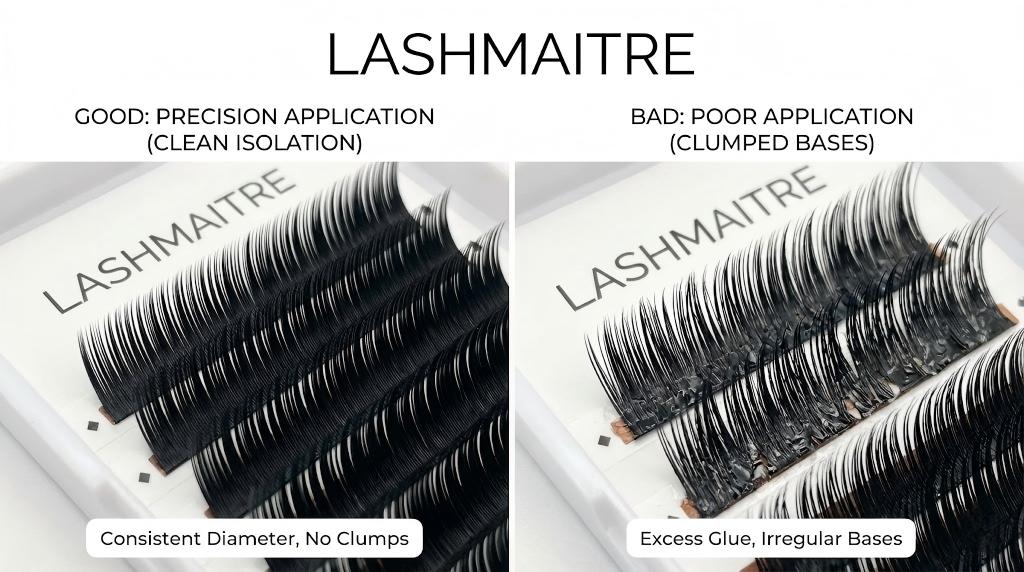 LASHMAITRE educational comparison visual highlighting good precision application with clean isolation (left) versus bad eyelash extensions showing clumped bases and excess glue (right).