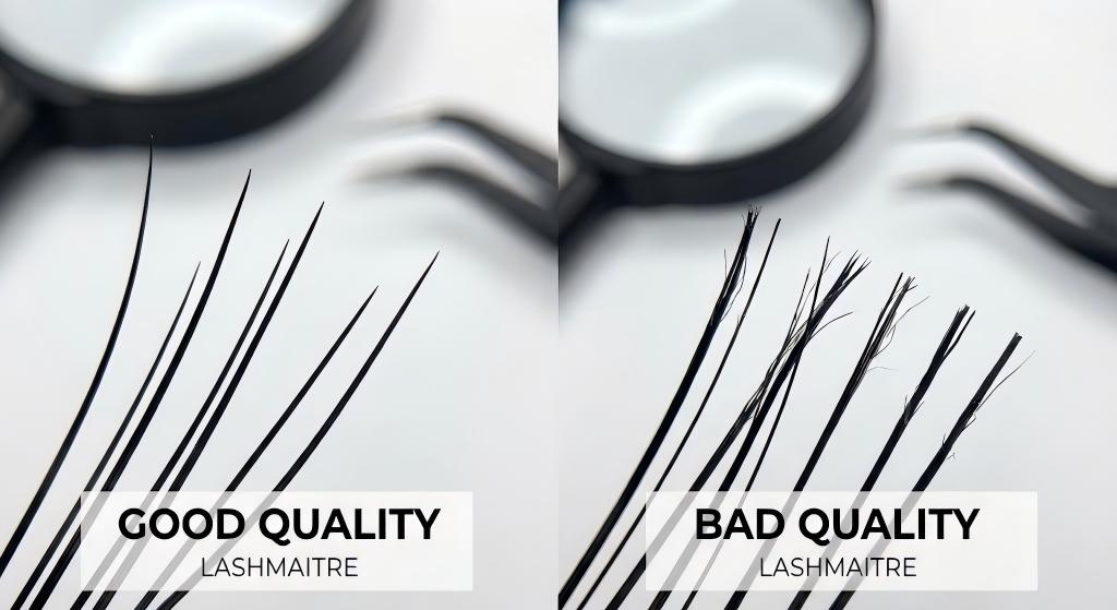 An extreme macro close-up detailing good vs bad eyelash extensions, contrasting the smooth, perfectly tapered LASHMAITRE fiber against a rough, frayed, and blunt low-quality lash strand.