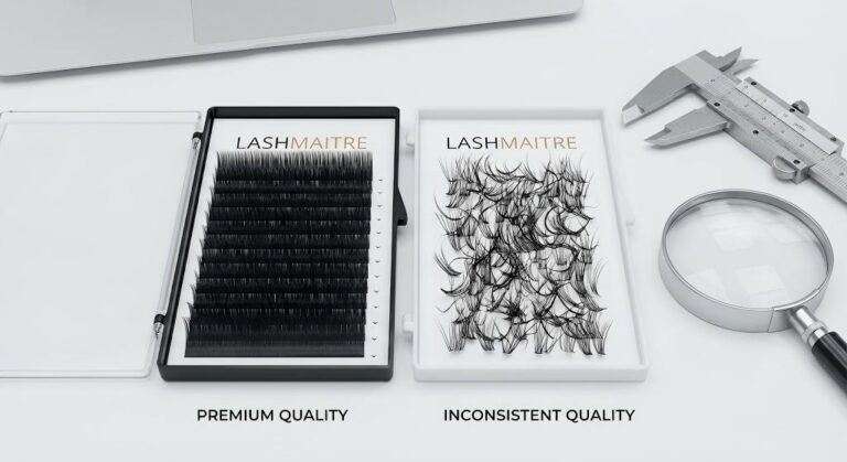A side-by-side macro comparison of good vs bad eyelash extensions trays, showing LASHMAITRE's uniform, aligned lashes on the left versus messy, inconsistent fibers on the right.