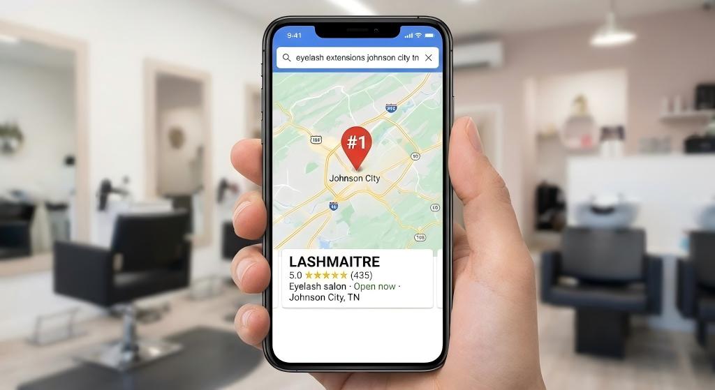 A person's hand holding a smartphone displaying a Google Maps search for "eyelash extensions Johnson City TN". The screen shows "LASHMAITRE" as the #1 ranked result with a red pin, a 5.0-star rating, and 435 reviews, set against a blurred salon background.