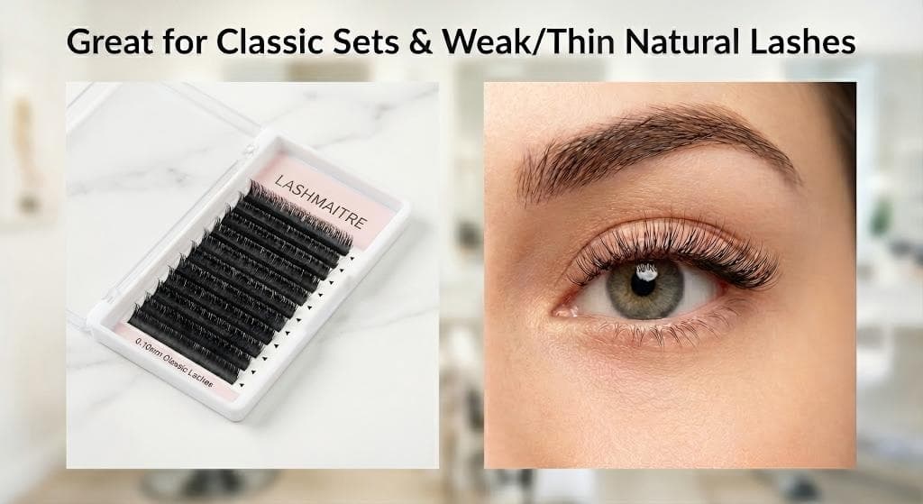 Lashmaitre ellipse flat lashes wholesale flat lash extensions ideal for classic sets on weak or thin natural lashes with a darker classic lash line effect