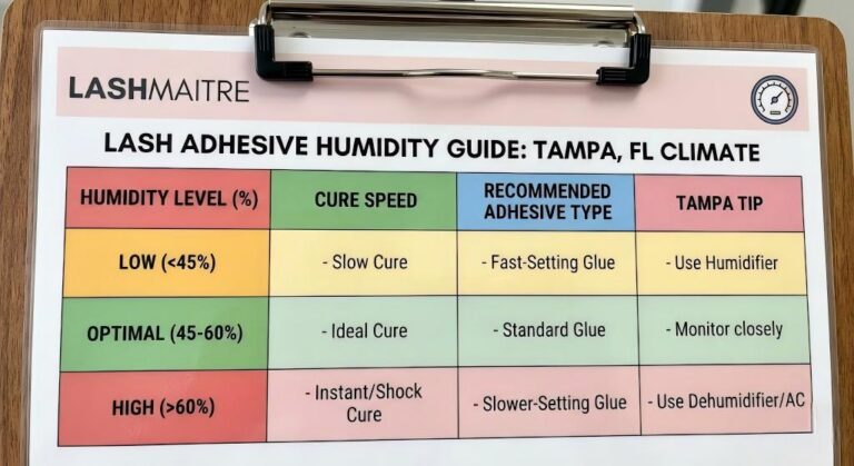 A LASHMAITRE technical guide chart recommending the best lash adhesive for high humidity climates like Tampa, FL to prevent shock curing.