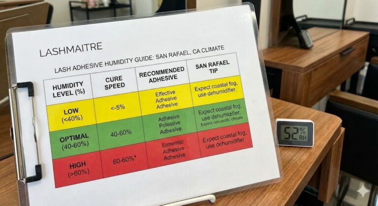 A LASHMAITRE technical chart advising San Rafael technicians on selecting the best lash adhesive for fluctuating humidity caused by coastal fog and microclimates.