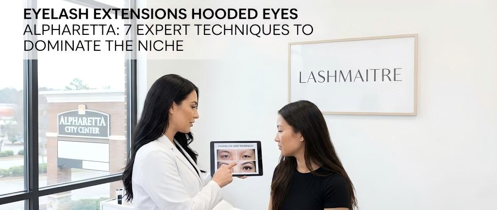 A technical diagram or before-and-after shot demonstrating the "lifting effect" of specific lash mapping on hooded eyes, showcasing expert eyelash extensions services in Alpharetta GA.