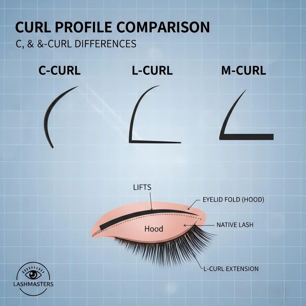 A side-profile diagram comparing eyelash extension curls: C-curl with a curved base, and L/M-curls with a flat base designed to bypass the eyelid hood for maximum lift on hooded eyes.