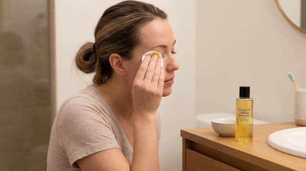 A woman in a home bathroom gently using a cotton pad saturated with oil-based remover on her closed eye, demonstrating a method for how do i get eyelash extensions off safely at home.
