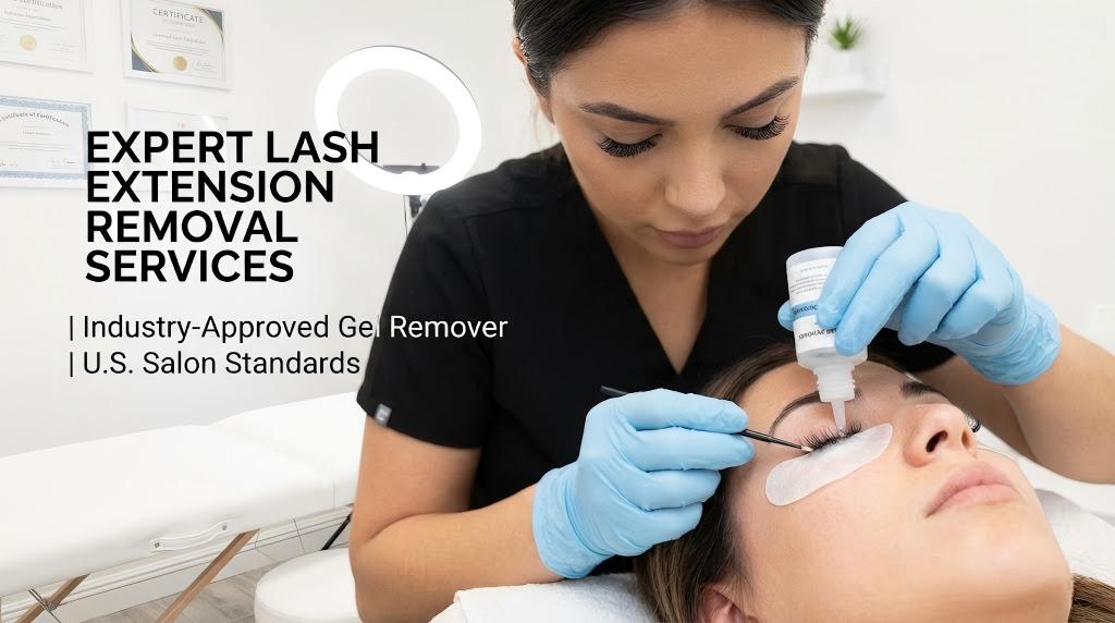 A professional lash technician in a salon demonstrates how do you remove lash extensions using an industry-approved gel remover and a micro-brush on a client's eye with under-eye pads. Text overlays highlight expert removal services and U.S. salon standards.