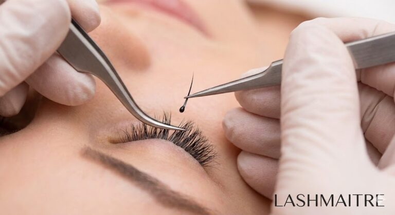 A high-definition macro photograph demonstrating exactly how eyelash extensions are applied by a LASHMAITRE professional. Curved isolation tweezers separate a single natural lash while straight tweezers hold an extension with a precise adhesive bead ready for bonding.