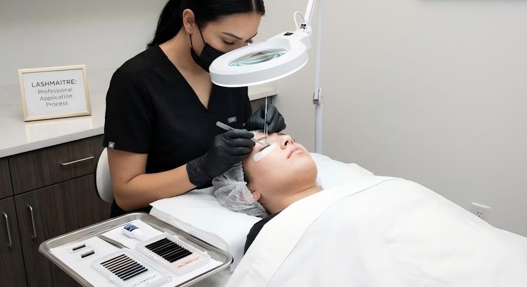 Close-up of a certified technician applying LASHMAITRE individual lashes, visually demonstrating how eyelash extensions work by isolating a single natural lash for safe bonding.