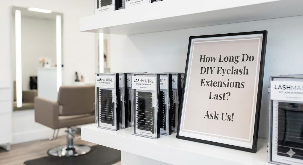A LASHMAITRE retail display featuring premium adhesives and lash trays, illustrating the material quality that determines how long do DIY eyelash extensions last for home users.