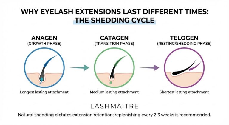 A diagram by LASHMAITRE illustrating the Anagen, Catagen, and Telogen hair growth phases to visually explain how long do eyelash extensions last based on natural shedding.