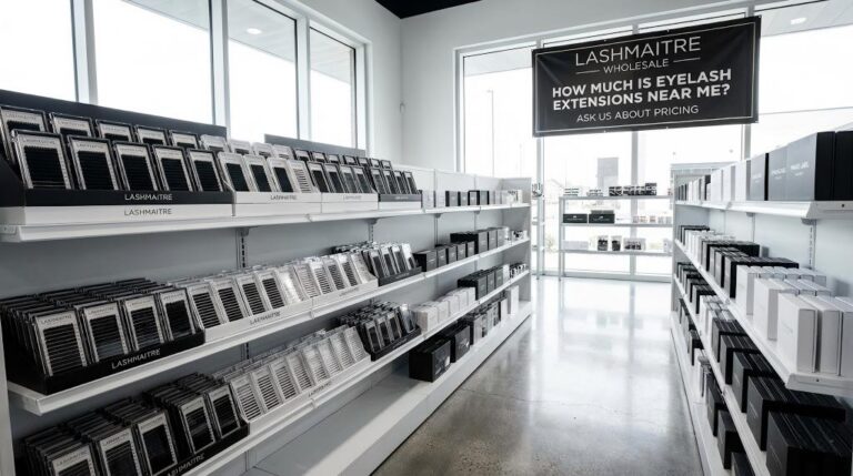 A professional display of LASHMAITRE Classic, Volume, and Hybrid trays, illustrating the different material costs that determine how much is eyelash extensions near me at top-rated salons.