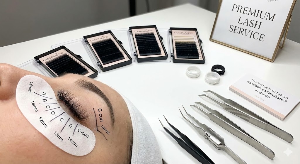 A close-up of LASHMAITRE Classic, Volume, and Hybrid lash trays, illustrating the different service levels that influence how much to tip on eyelash extensions.