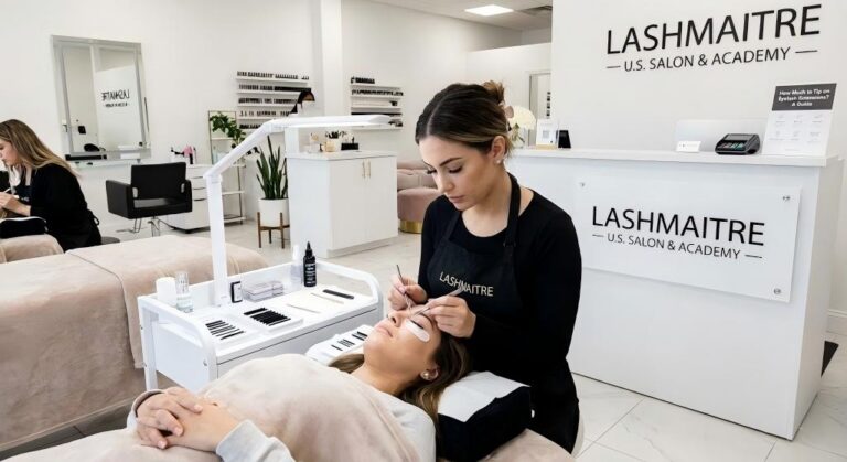 A professional LASHMAITRE technician performing a service in a U.S. salon, next to a reception sign answering the question: "How Much to Tip on Eyelash Extensions? A Guide."