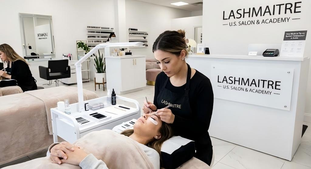 A professional LASHMAITRE technician performing a service in a U.S. salon, next to a reception sign answering the question: "How Much to Tip on Eyelash Extensions? A Guide."