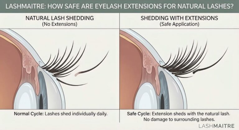 An educational comparison illustration by LASHMAITRE showing that natural shedding looks more prominent with extensions, visually answering how safe are eyelash extensions for natural lashes by proving they fall out with the natural lash, not because of damage.