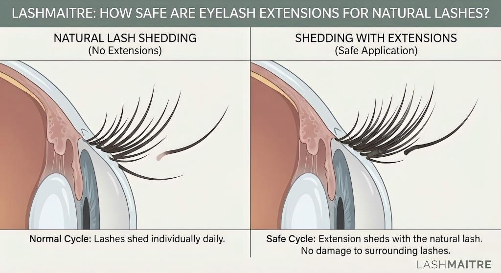 An educational comparison illustration by LASHMAITRE showing that natural shedding looks more prominent with extensions, visually answering how safe are eyelash extensions for natural lashes by proving they fall out with the natural lash, not because of damage.