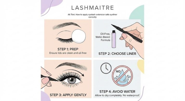Infographic guide illustrating four steps on how to correctly apply eyelash extension safe eyeliner—including prepping lids, choosing an oil-free water-based formula, gentle application, and avoiding waterproof products—to protect lash retention.