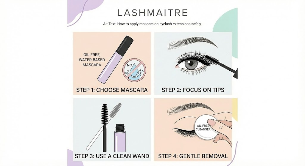 nfographic guide by LASHMAITRE demonstrating the four safe steps to apply and remove mascara for lash extensions, emphasizing the importance of oil-free formulas, applying only to the tips, using a clean wand, and gentle removal.
