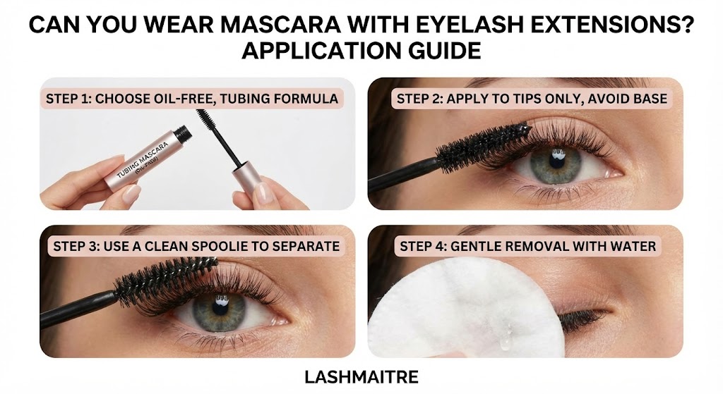 4-step visual guide demonstrating how to apply mascara to lash extensions safely using an oil-free tubing formula.