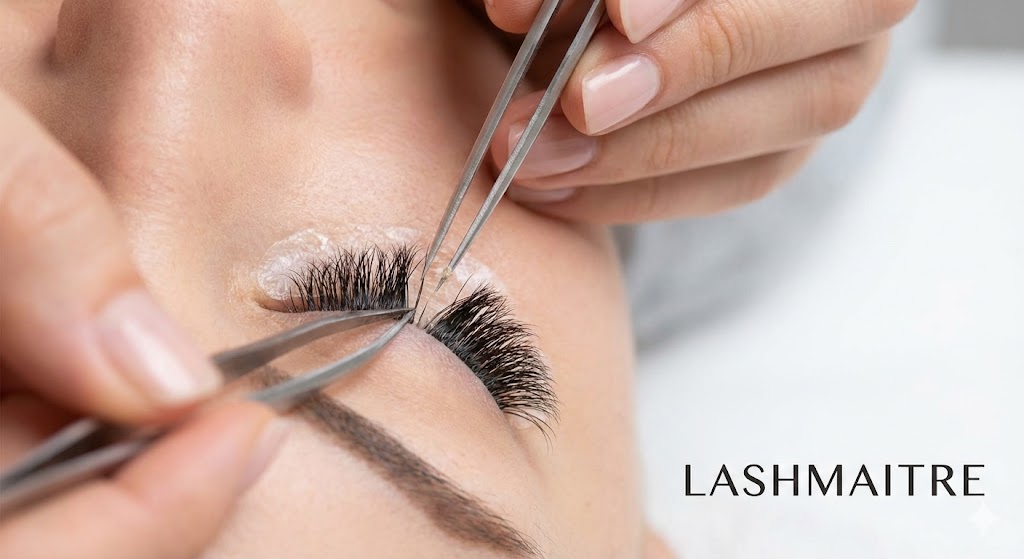 Close-up of a LASHMAITRE professional technician using two tweezers to perform the "banana peel" removal technique, gently peeling a softened extension off the natural lash after demonstrating exactly how to dissolve eyelash extension glue.