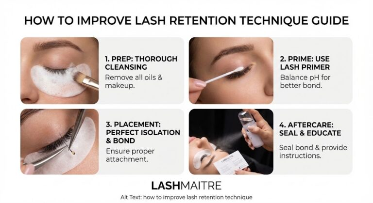 Four-step visual guide demonstrating how to improve lash retention through proper prep, priming, placement, and aftercare techniques.