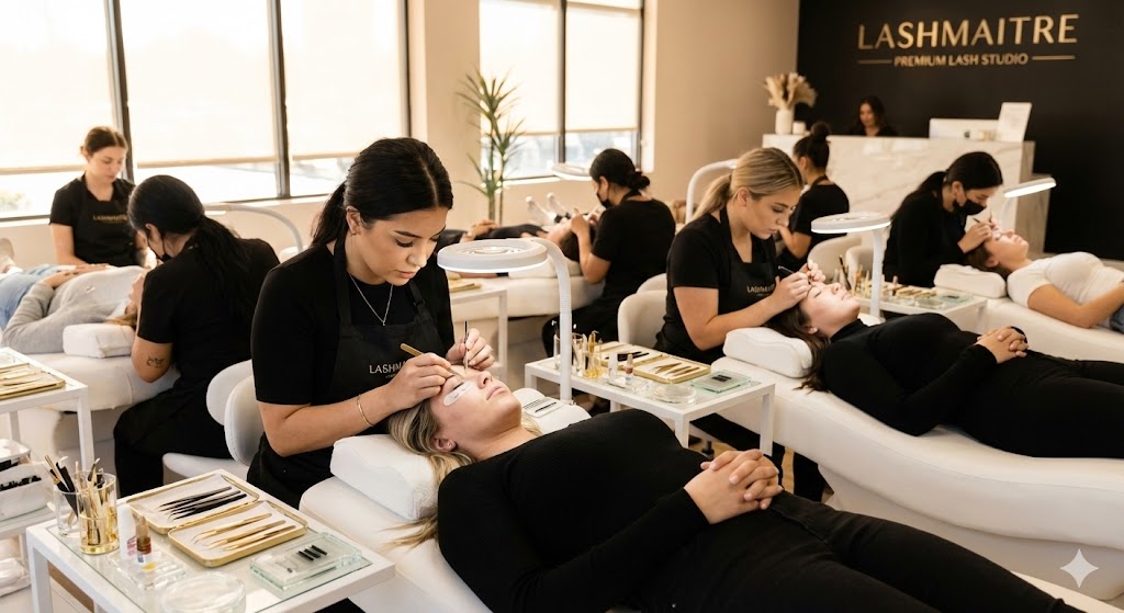 A wide shot of a bustling LASHMAITRE studio with multiple artists working, illustrating the professional standards required to maintain eyelash extensions quality in a high-traffic salon environment.