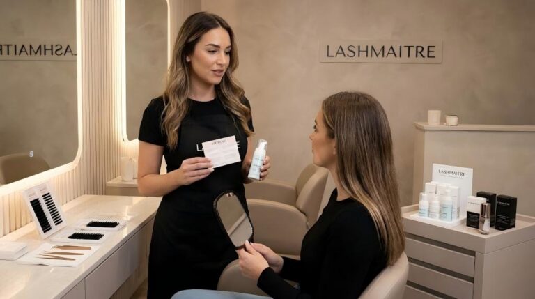 LASHMAITRE lash artist conducting an aftercare consultation, teaching a client how to properly maintain eyelash extensions for professional salon results.